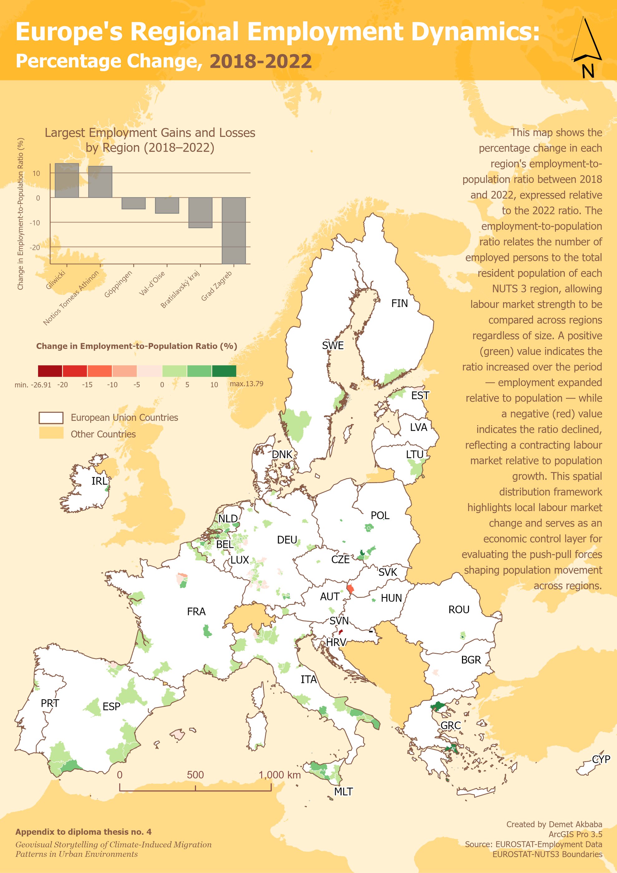 Economic Magnet map, 2018 to 2022 employment ratio change