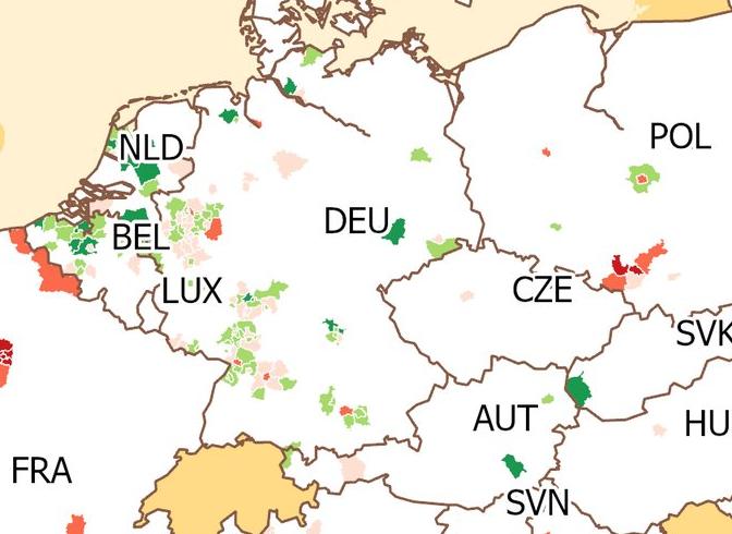 Zoomed detail of western Germany on the 2019 migration map, showing where the most people were moving out