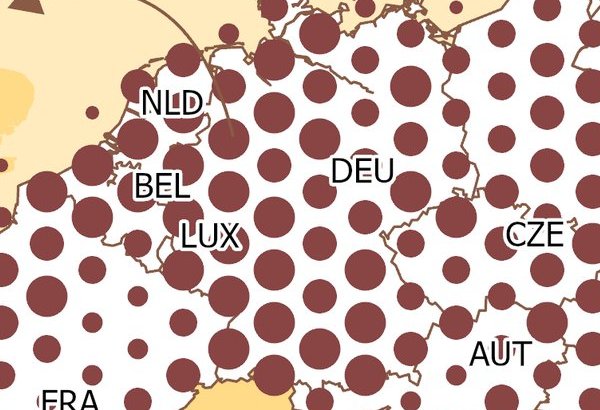 Zoomed detail of the Rhine-Ruhr and Benelux corridor on the Human Canvas map, showing the densest cluster of large population dots