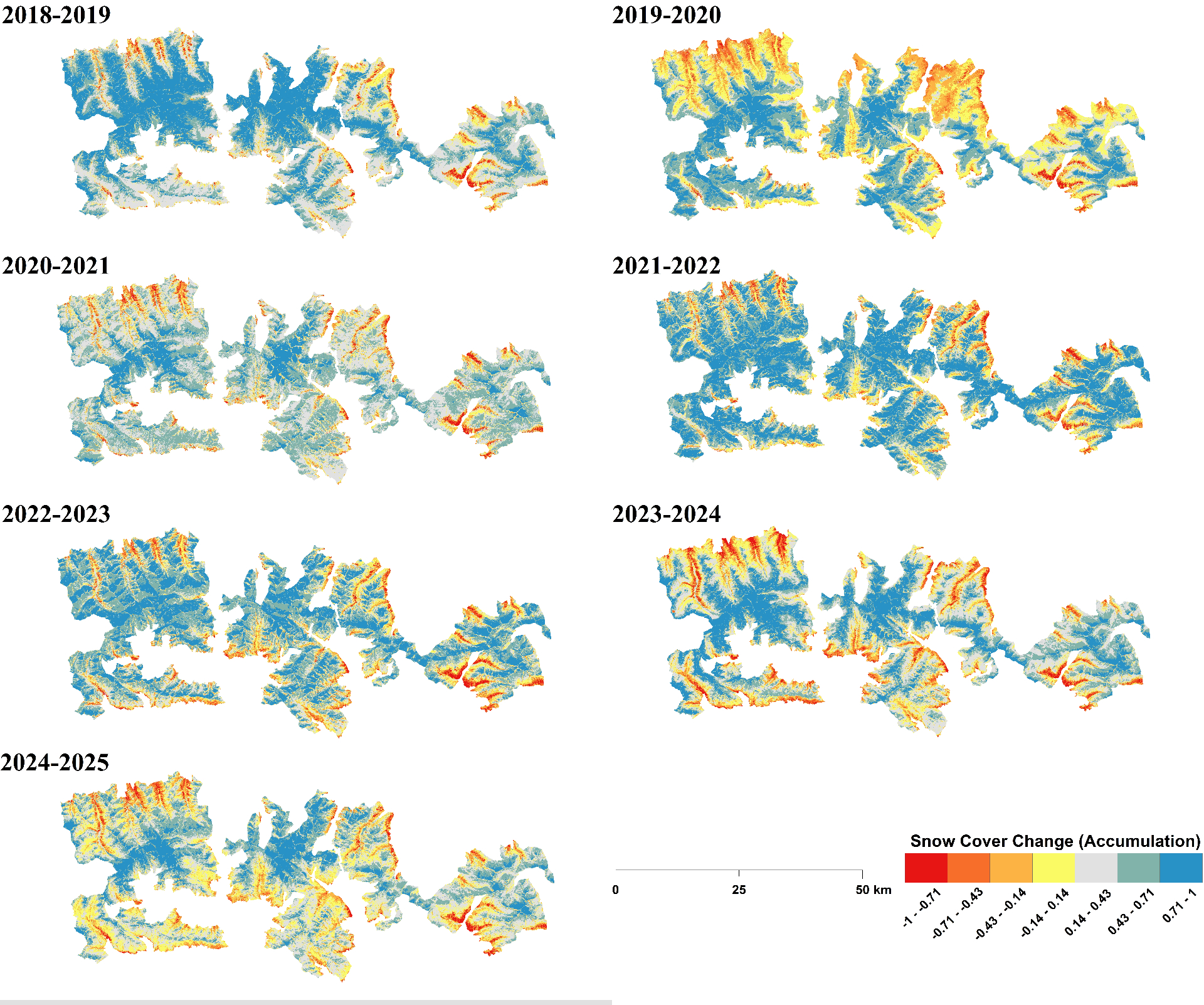 Figure 7. Interannual changes in accumulation-season snow cover between consecutive years, 2018–2025.