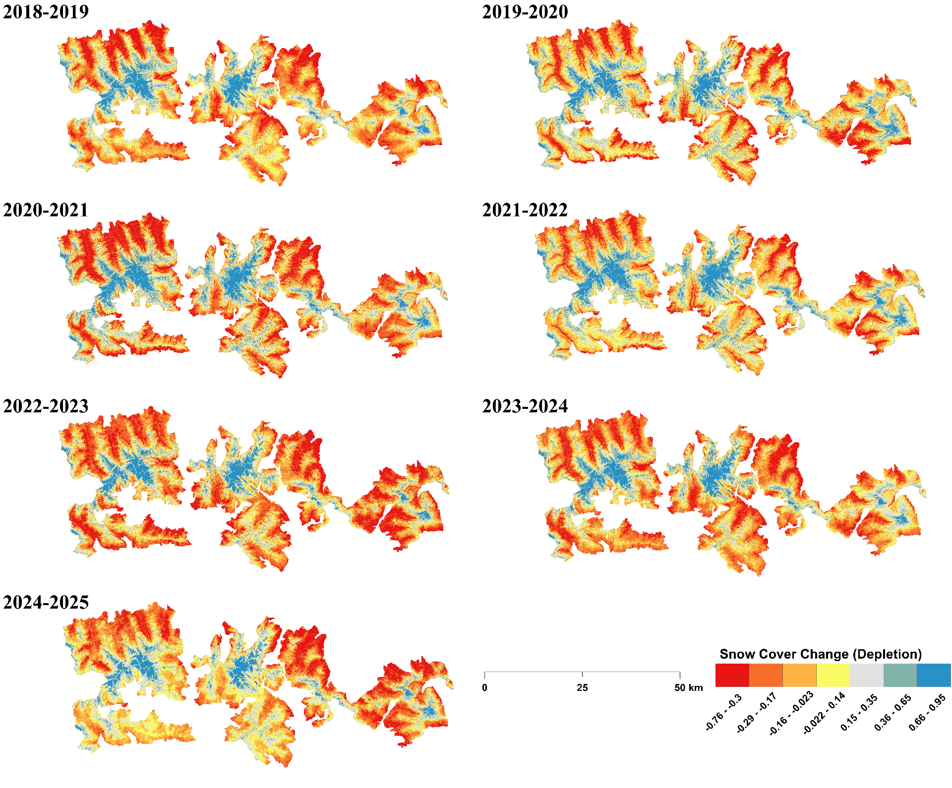 Figure 8. Interannual changes in depletion-season snow cover between consecutive years, 2018–2025.