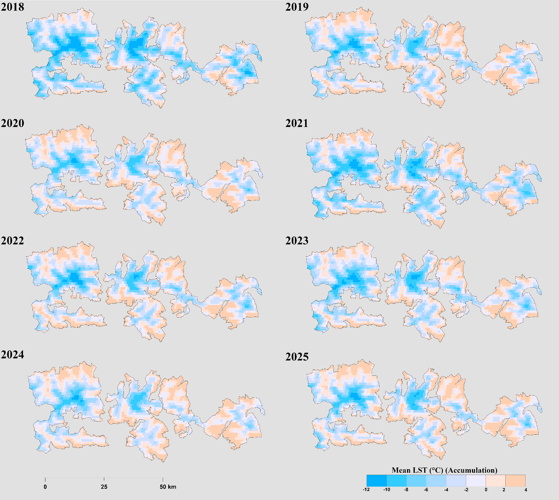 Figure 10. Mean accumulation-season land surface temperature maps of the study area for 2018–2025.