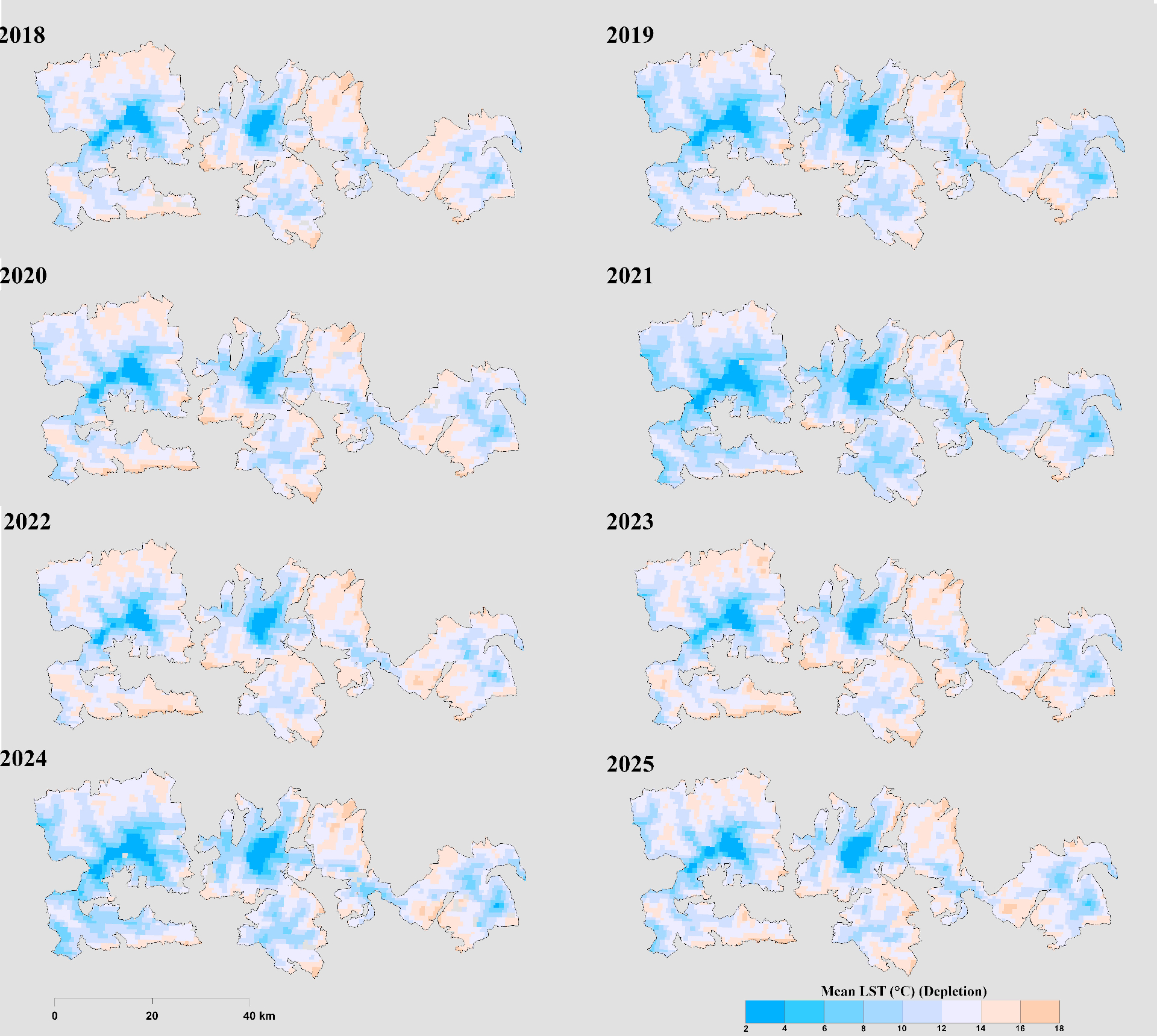 Figure 11. Mean depletion-season land surface temperature maps of the study area for 2018–2025.