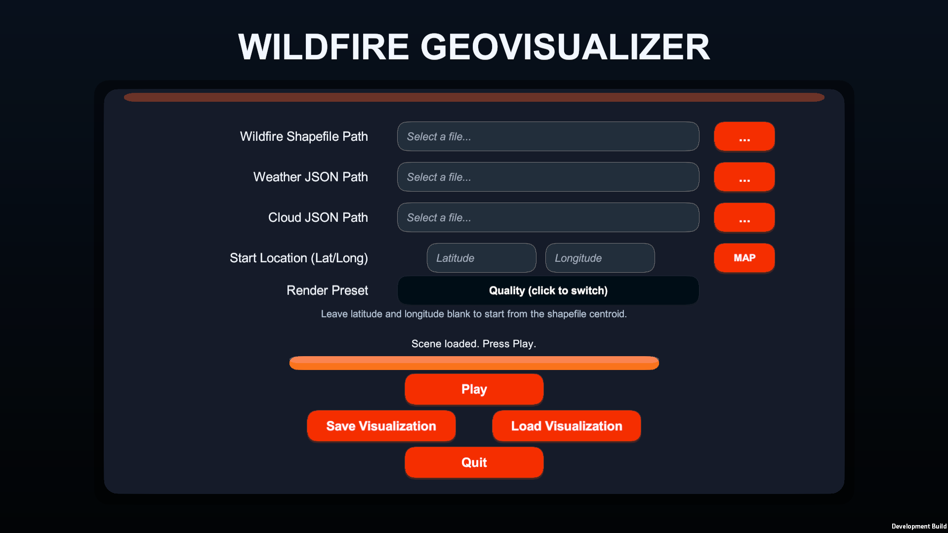 Main menu of the Wildfire Geovisualizer with fields for the wildfire shapefile path, weather and cloud data paths, start location, render preset and buttons for playing, saving and loading a visualization
