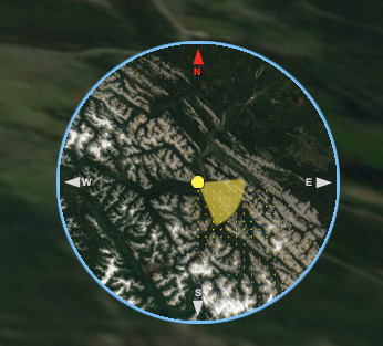 Circular orientation minimap over satellite imagery with cardinal directions, a position marker and a yellow view cone