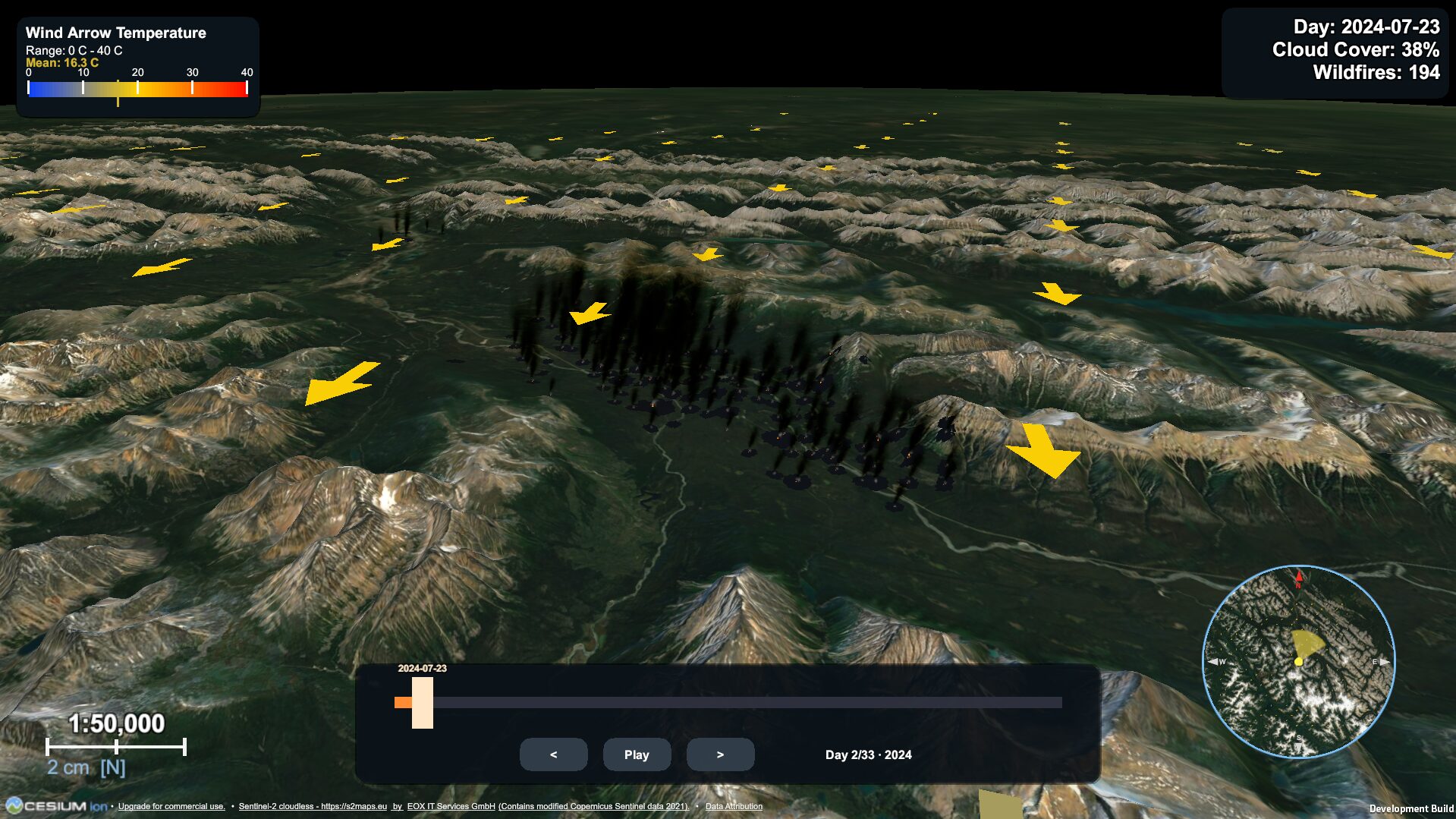 Unity wildfire visualization of the 2024 Jasper fire, with smoke plumes rising from the valley, yellow wind arrows over mountainous terrain, a temperature legend, a timeline control and a minimap