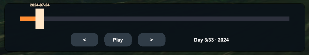 Timeline control bar with previous, play and next buttons, a date marker reading 2024-07-24 and a day counter reading day 3 of 33