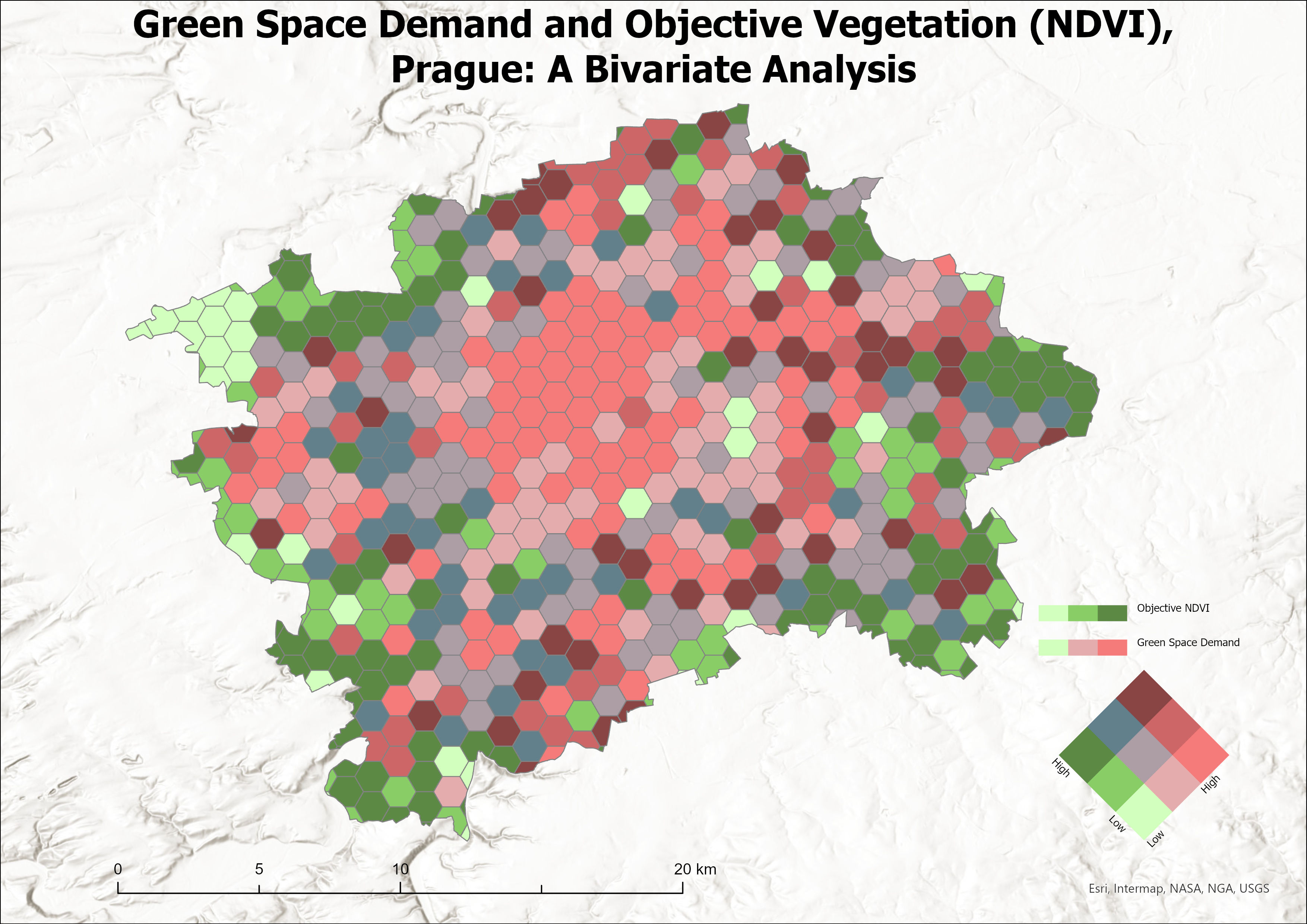 Lack of Green Space and NDVI bivariate map, Prague