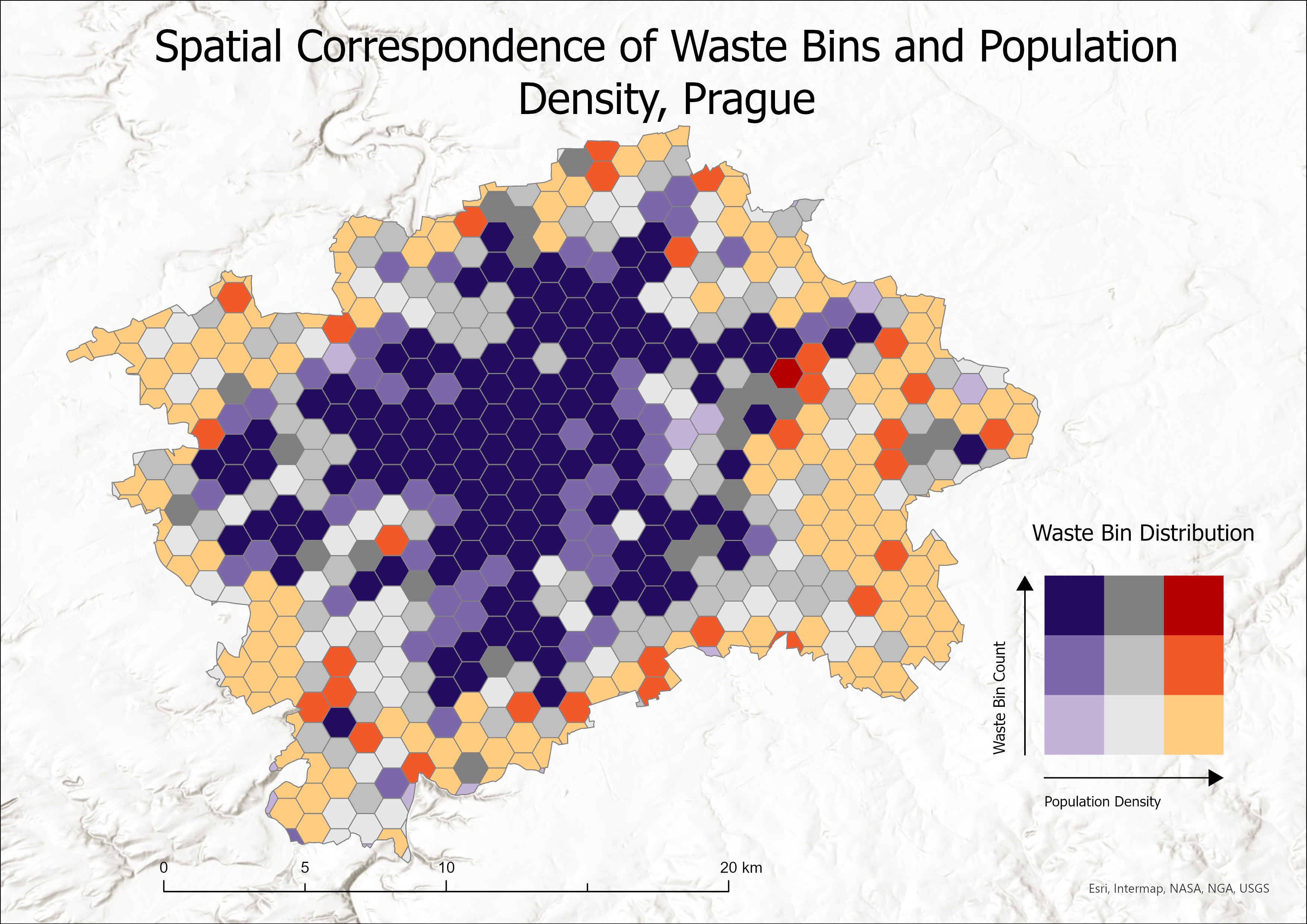 Waste Bin and Population Density bivariate map, Prague
